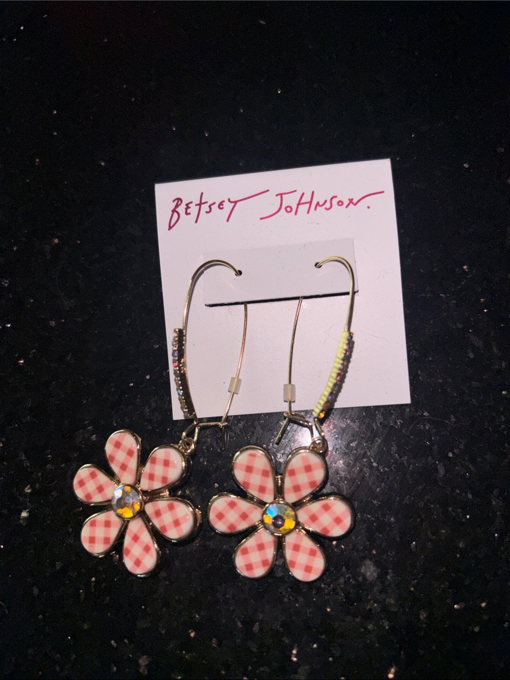 Betsey Johnson Pink Gingham Daisy Drop Earrings with Sparkling Center